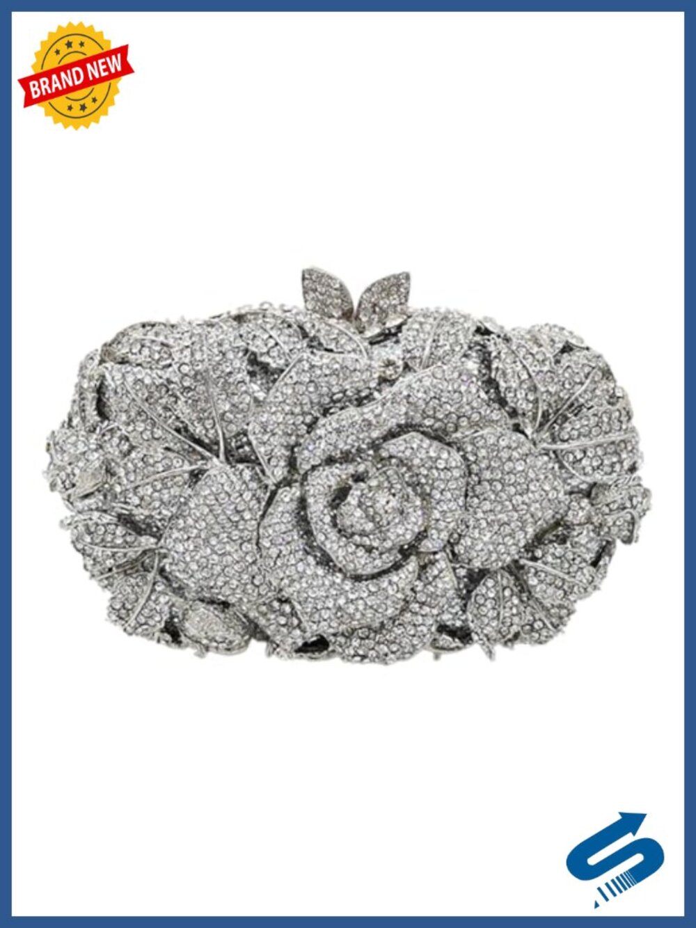 Rhinestone Rose Flower Evening Clutch Wristlet Handbag Faux Leather
